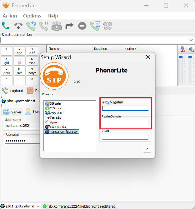 PhonerLite Schritt 2: Proxy und Realm eintragen