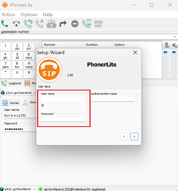 PhonerLite Schritt 3: Benutzername und Passwort eintragen